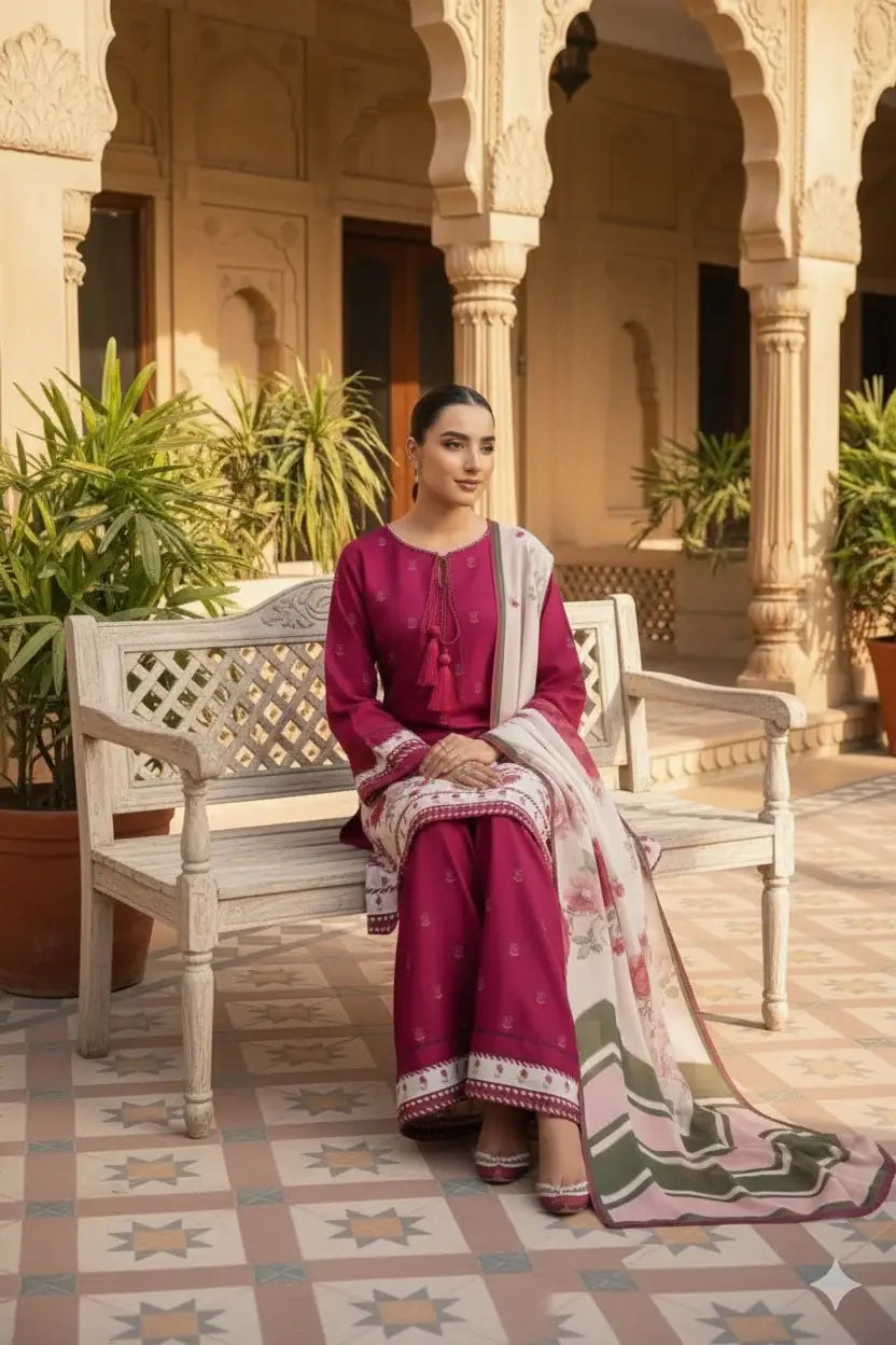 Beautifully Printed Silk Suit for Women - 3 Pcs Set - image 1