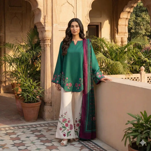 Stunning Printed Silk Suit - 3 Pcs Set in Green - image 1