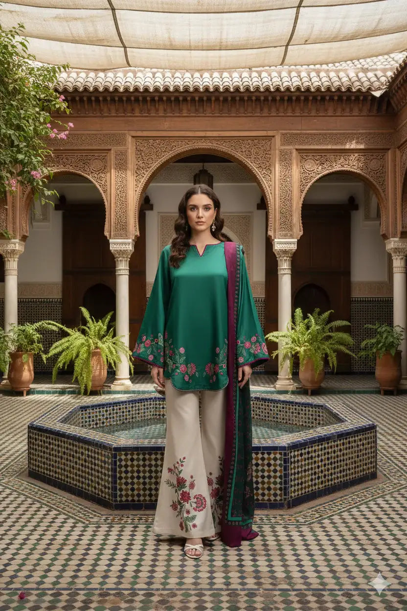 Stunning Printed Silk Suit - 3 Pcs Set in Green - image 2