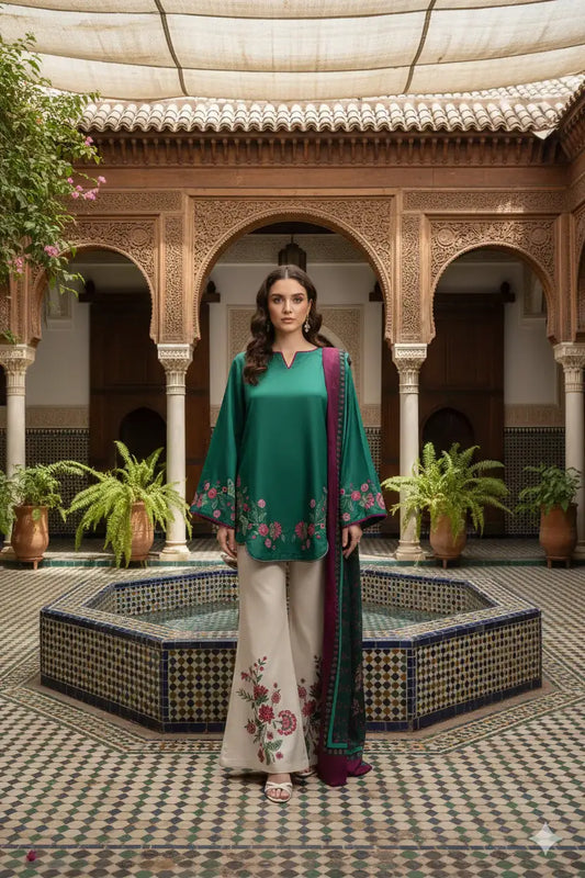 Stunning Printed Silk Suit - 3 Pcs Set in Green - image 2