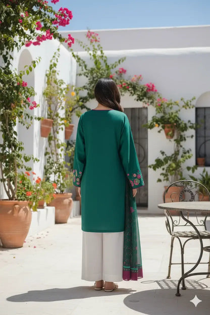 Stunning Printed Silk Suit - 3 Pcs Set in Green - image 3