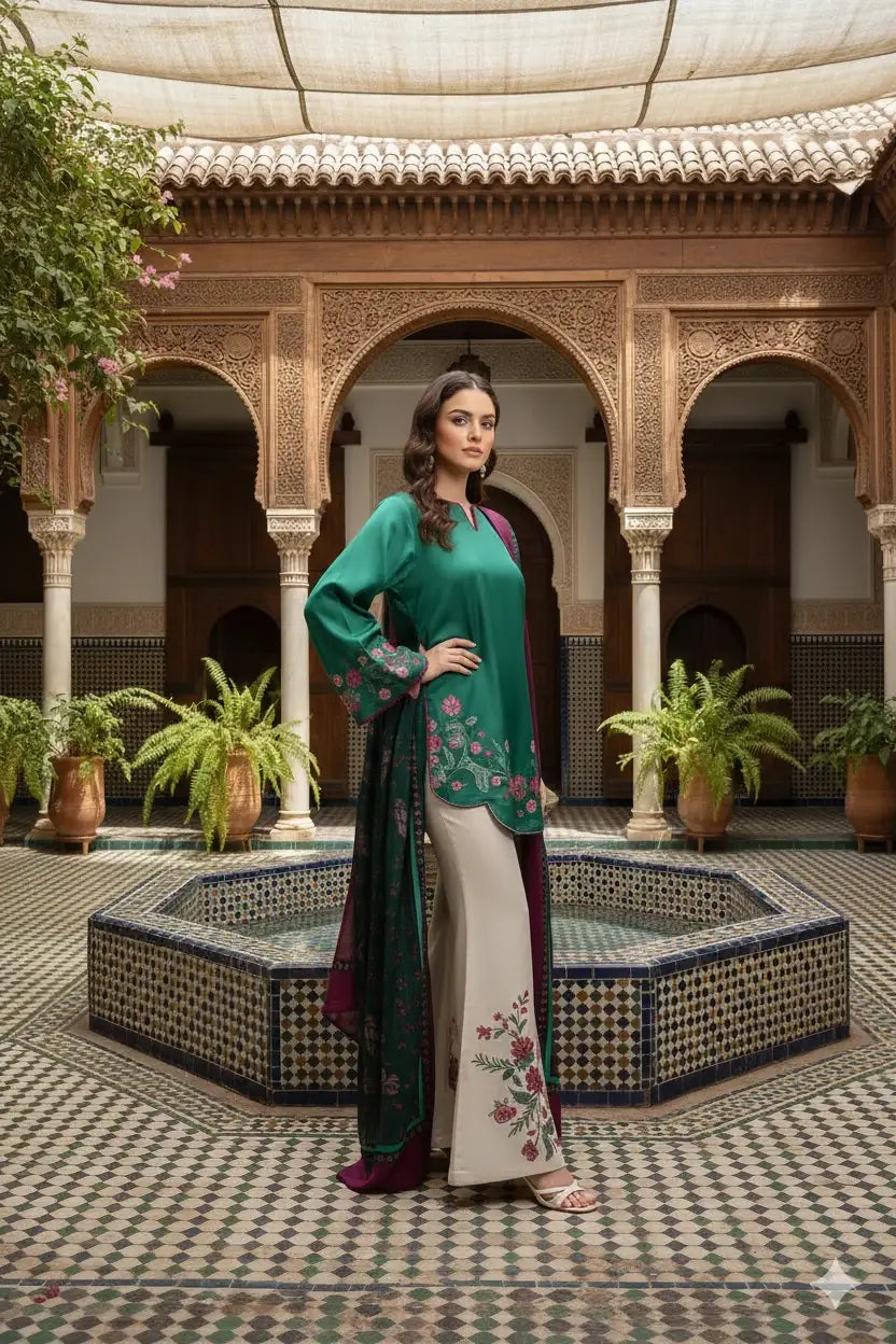 Stunning Printed Silk Suit - 3 Pcs Set in Green - image 4
