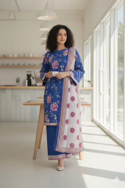 Stylish 3 Pcs Women's Stitched Suit in Blue Printed Lawn - image 1