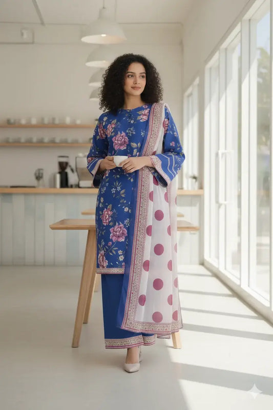 Stylish 3 Pcs Women's Stitched Suit in Blue Printed Lawn - image 1