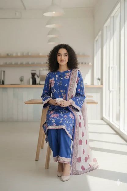 Stylish 3 Pcs Women's Stitched Suit in Blue Printed Lawn - image 2
