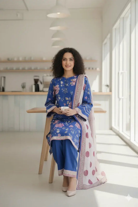 Stylish 3 Pcs Women's Stitched Suit in Blue Printed Lawn - image 2