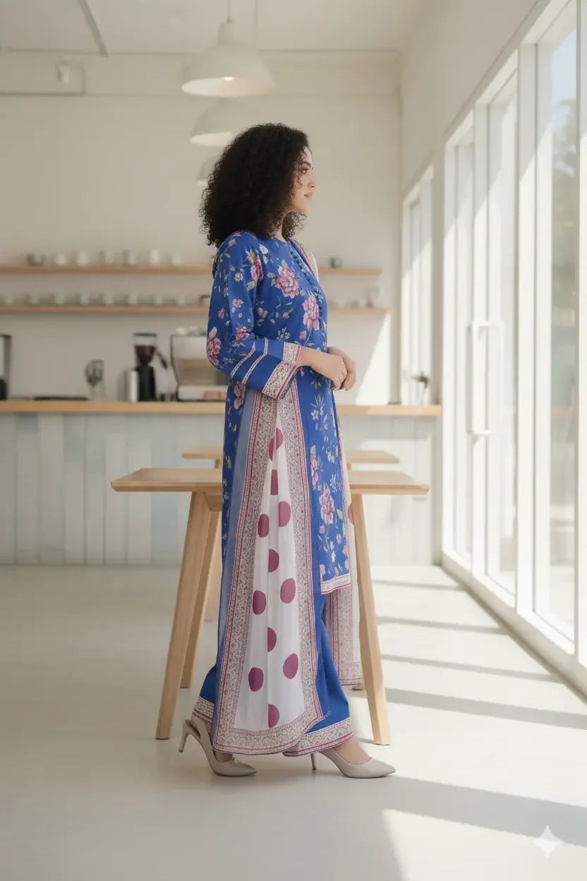 Stylish 3 Pcs Women's Stitched Suit in Blue Printed Lawn - image 3