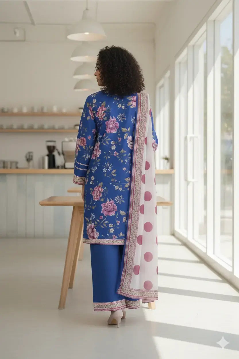 Stylish 3 Pcs Women's Stitched Suit in Blue Printed Lawn - image 4