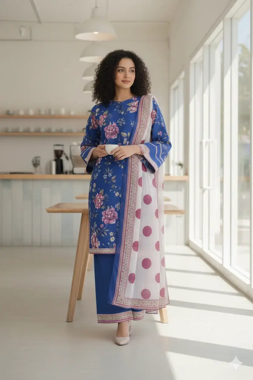 Stylish 3 Pcs Women's Stitched Suit in Blue Printed Lawn - image 5