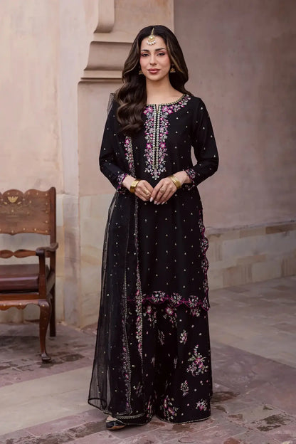 Elegant Black Embroidered Cotton Suit - 3 Pcs Set in Crinkle Chiffon - image 1