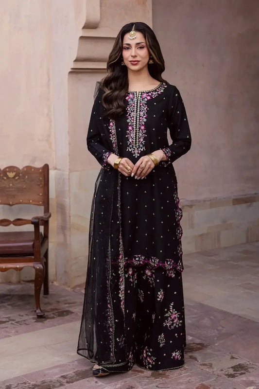 Elegant Black Embroidered Cotton Suit - 3 Pcs Set in Crinkle Chiffon - image 1