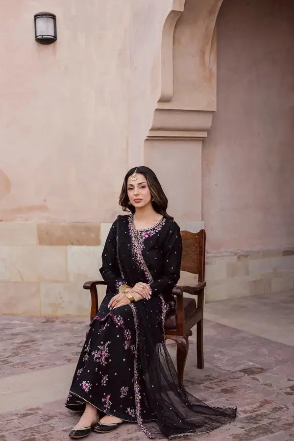 Elegant Black Embroidered Cotton Suit - 3 Pcs Set in Crinkle Chiffon - image 3