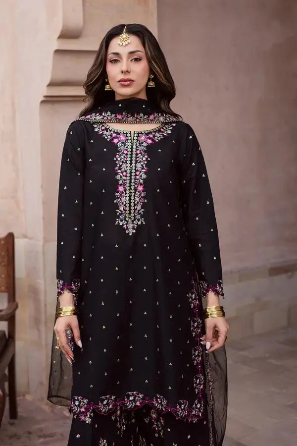 Elegant Black Embroidered Cotton Suit - 3 Pcs Set in Crinkle Chiffon - image 4