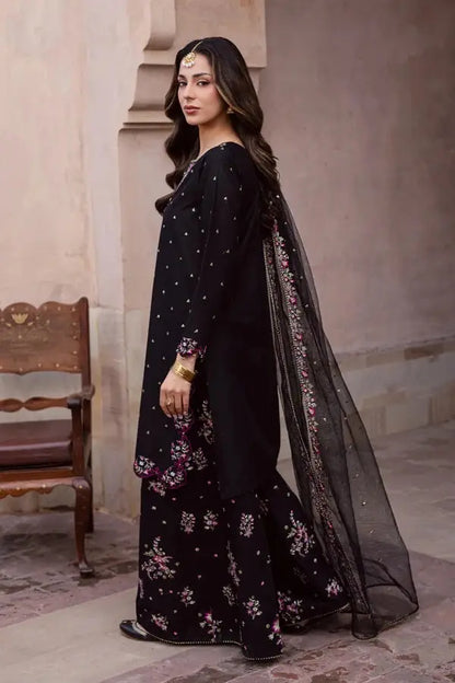 Elegant Black Embroidered Cotton Suit - 3 Pcs Set in Crinkle Chiffon - image 5
