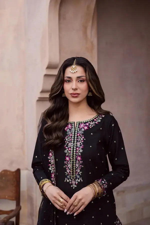 Elegant Black Embroidered Cotton Suit - 3 Pcs Set in Crinkle Chiffon - image 6