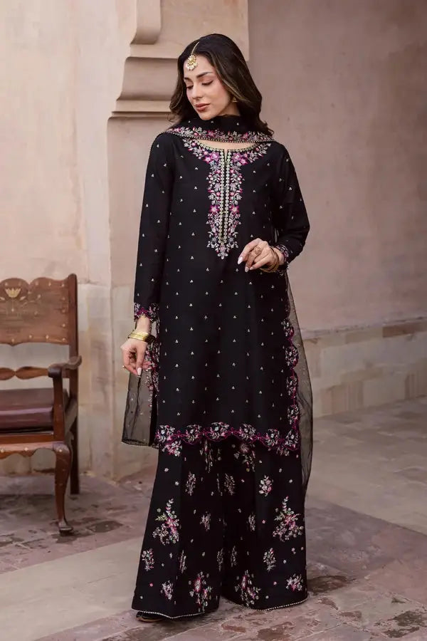 Elegant Black Embroidered Cotton Suit - 3 Pcs Set in Crinkle Chiffon - image 7