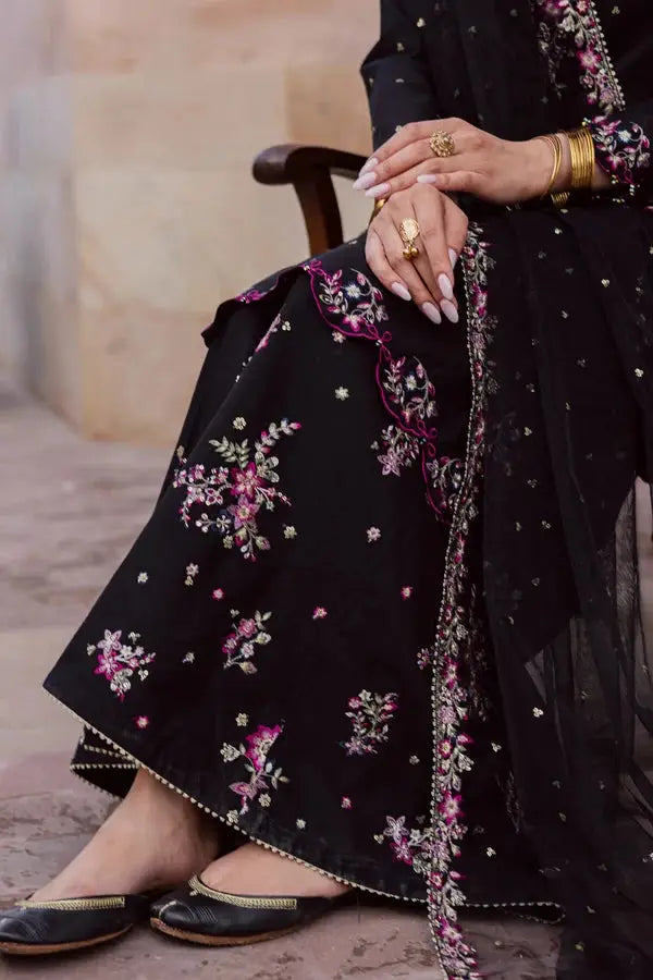 Elegant Black Embroidered Cotton Suit - 3 Pcs Set in Crinkle Chiffon - image 8