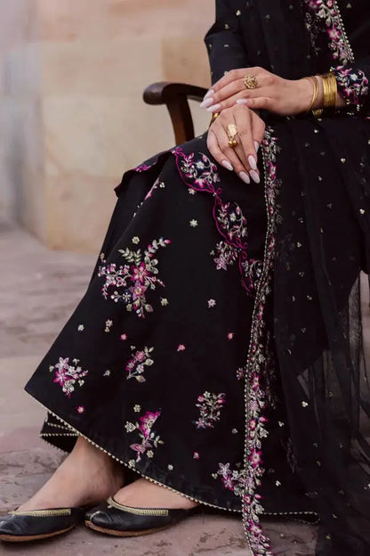 Elegant Black Embroidered Cotton Suit - 3 Pcs Set in Crinkle Chiffon - image 8