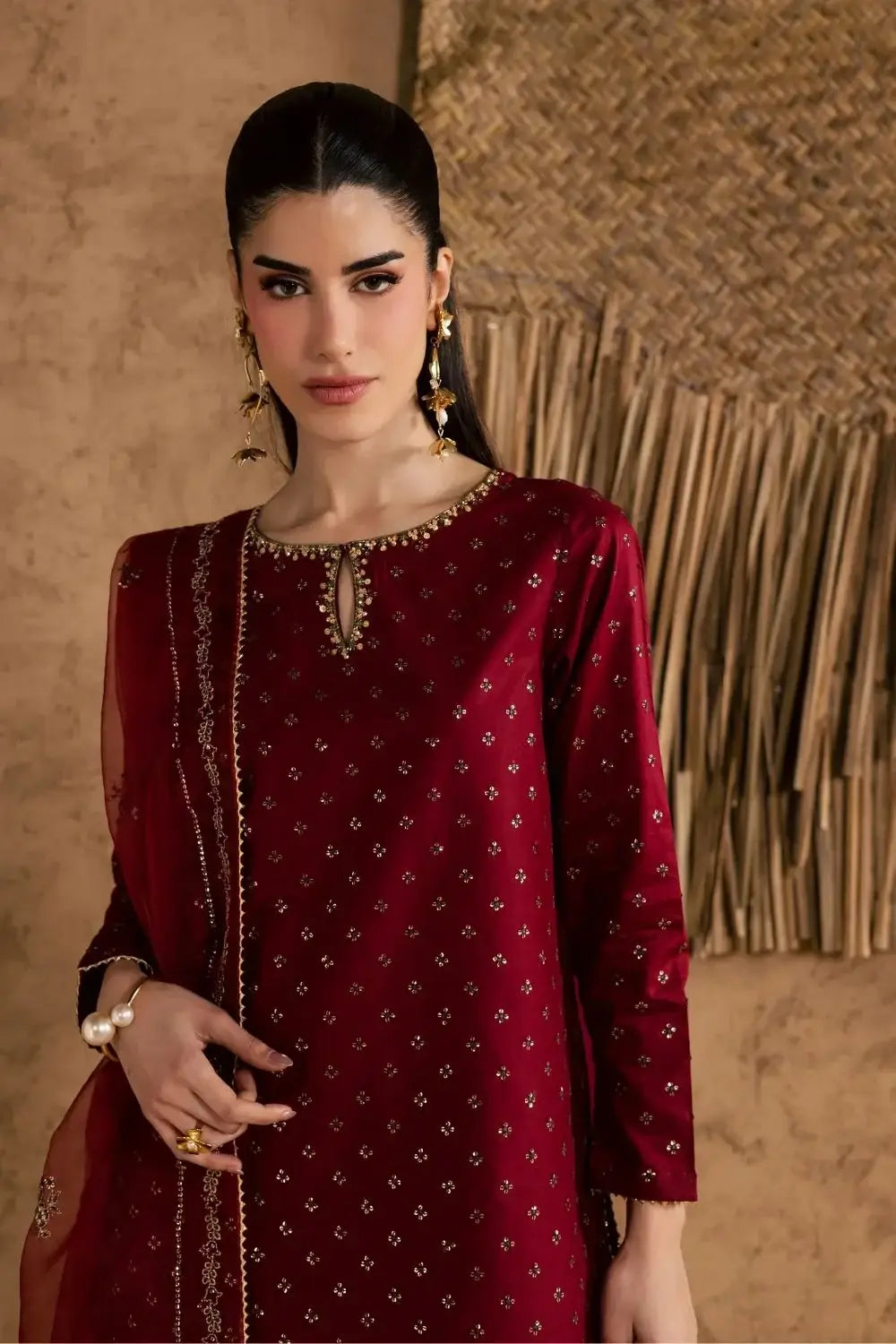 Stunning Embroidered Cotton Suit Set - 3 Pcs in Maroon - image 1