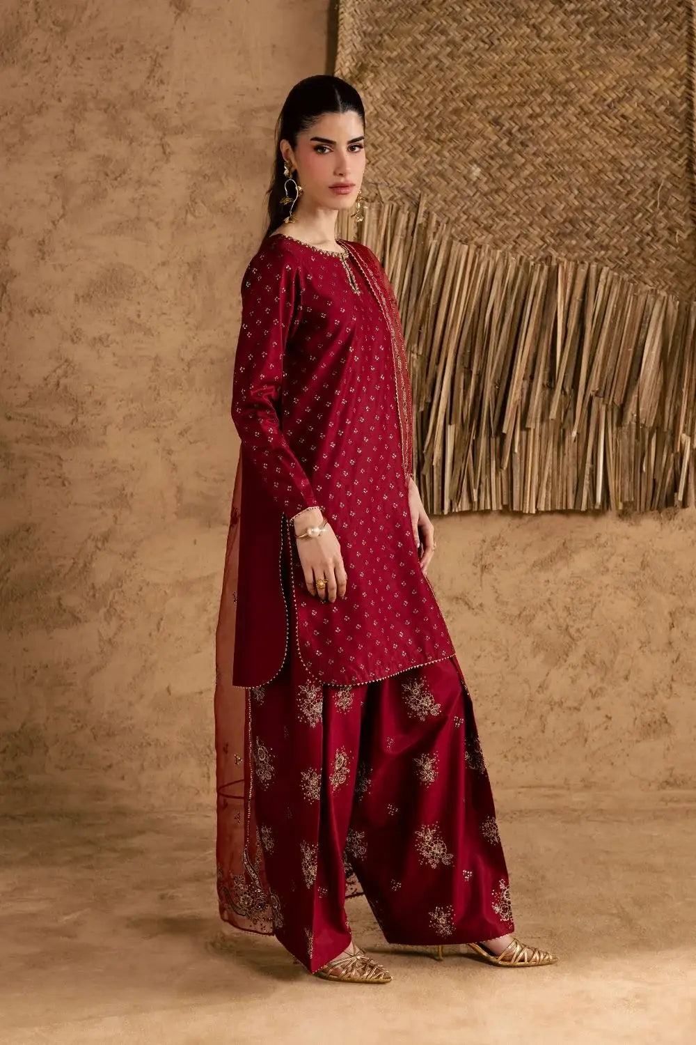 Stunning Embroidered Cotton Suit Set - 3 Pcs in Maroon - image 2