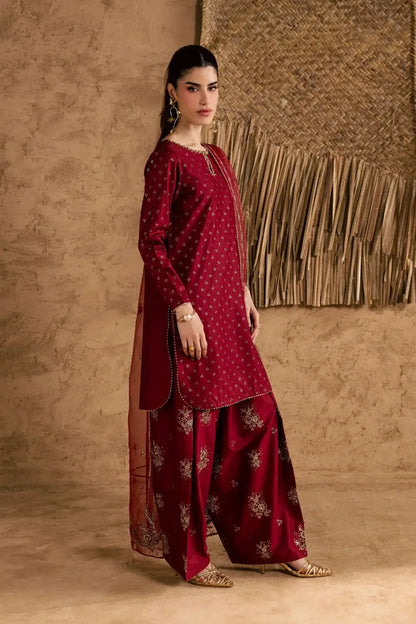 Stunning Embroidered Cotton Suit Set - 3 Pcs in Maroon - image 2