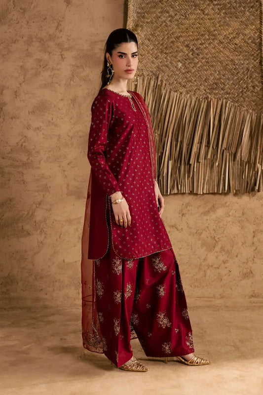 Stunning Embroidered Cotton Suit Set - 3 Pcs in Maroon - image 2