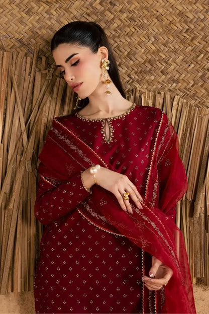 Stunning Embroidered Cotton Suit Set - 3 Pcs in Maroon - image 3