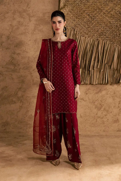Stunning Embroidered Cotton Suit Set - 3 Pcs in Maroon - image 5