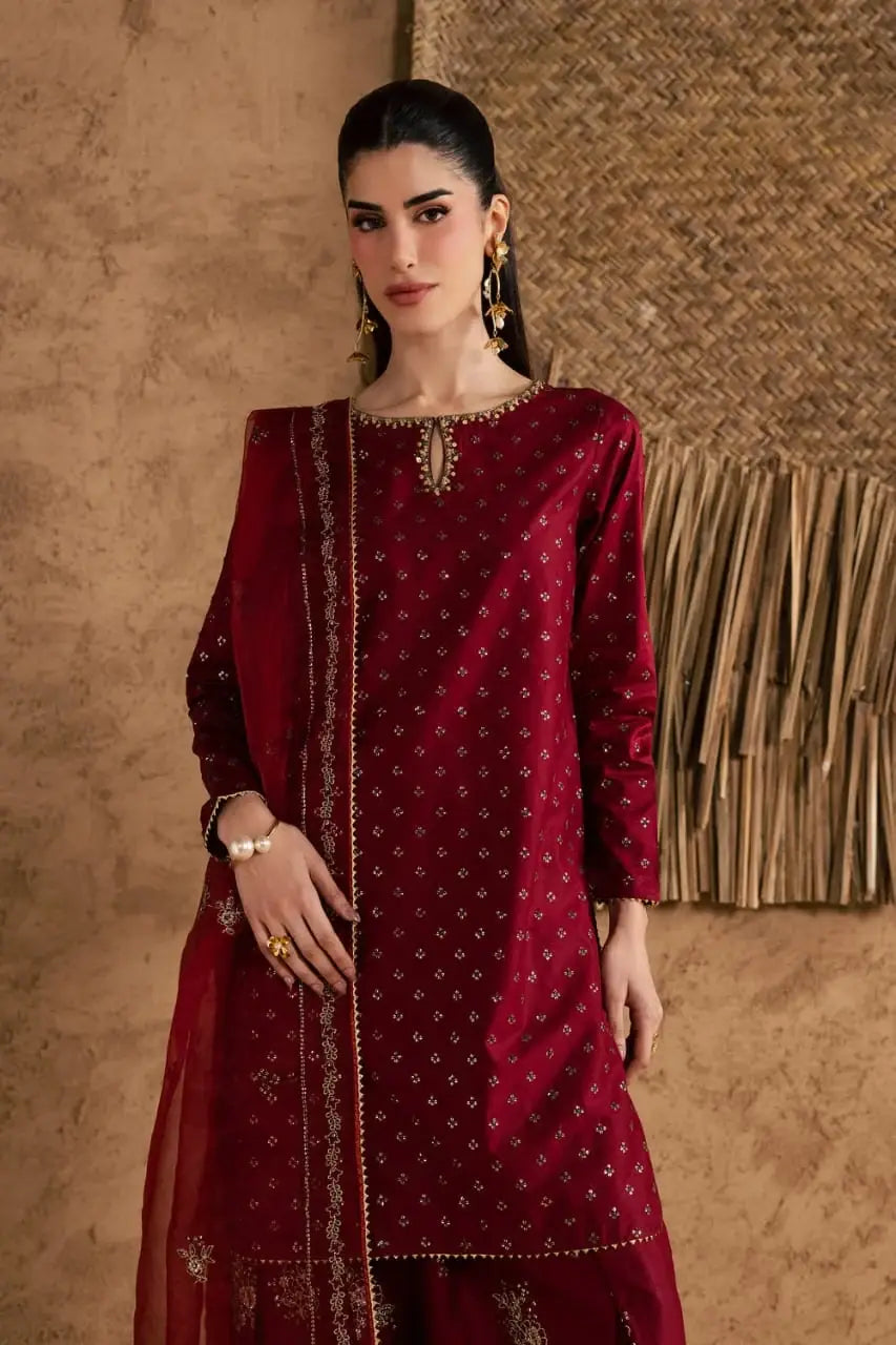 Stunning Embroidered Cotton Suit Set - 3 Pcs in Maroon - image 6