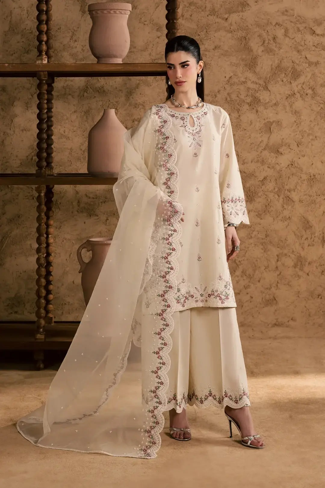 Women's Stitched Cotton Suit with Embroidery - 3 Pcs Set - image 5