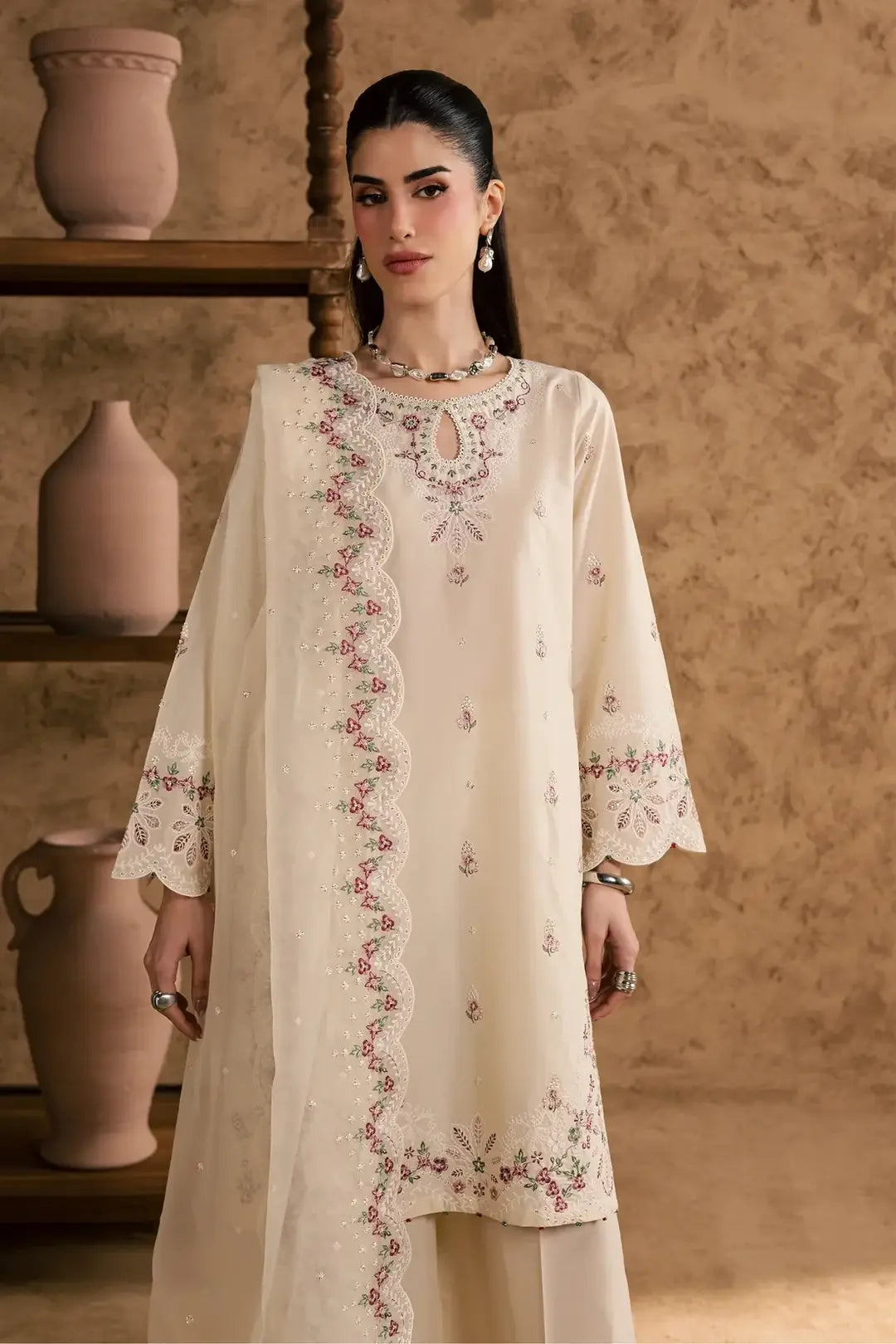 Women's Stitched Cotton Suit with Embroidery - 3 Pcs Set - image 7