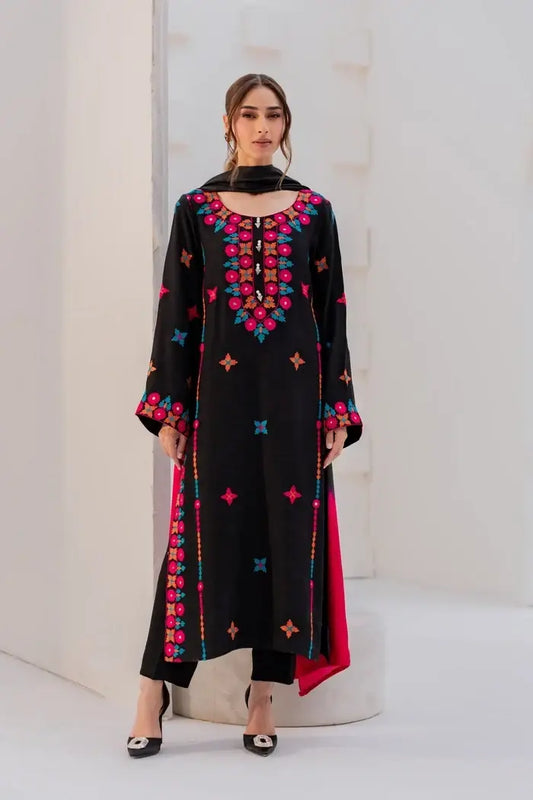 Black Embroidered Cotton Suit - 3 Pcs Set - image 1
