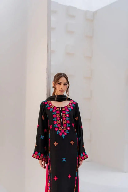 Black Embroidered Cotton Suit - 3 Pcs Set - image 2