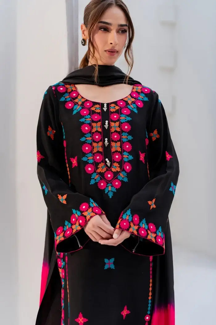 Black Embroidered Cotton Suit - 3 Pcs Set - image 3