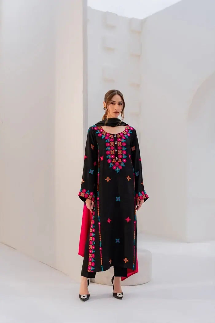Black Embroidered Cotton Suit - 3 Pcs Set - image 4