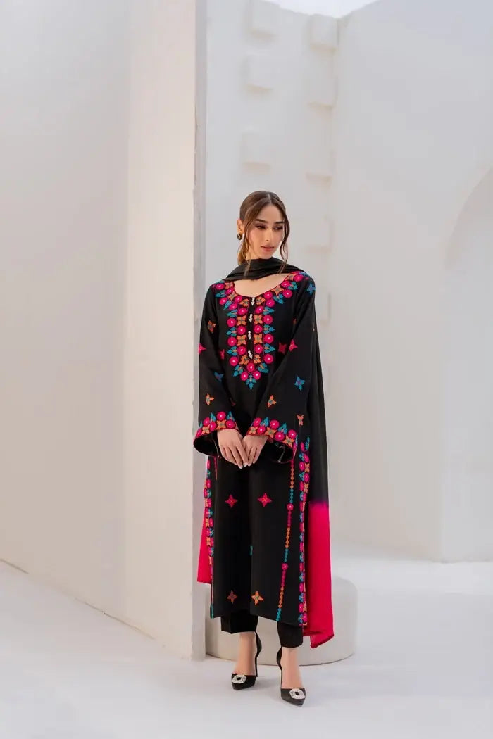 Black Embroidered Cotton Suit - 3 Pcs Set - image 5