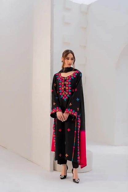 Black Embroidered Cotton Suit - 3 Pcs Set - image 5