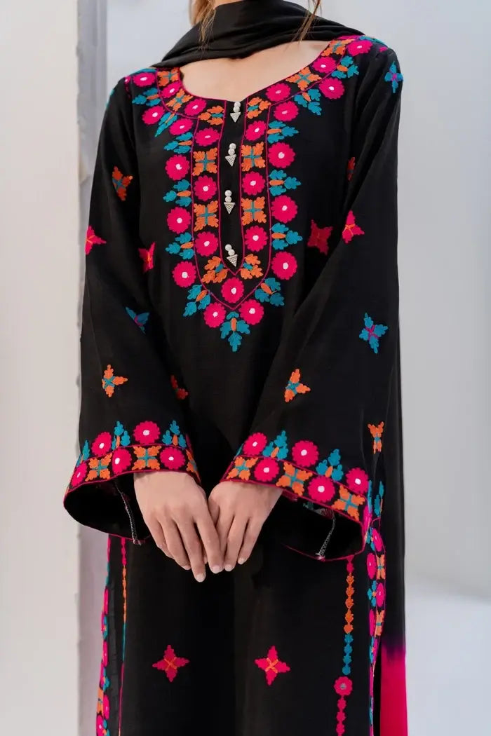 Black Embroidered Cotton Suit - 3 Pcs Set - image 6