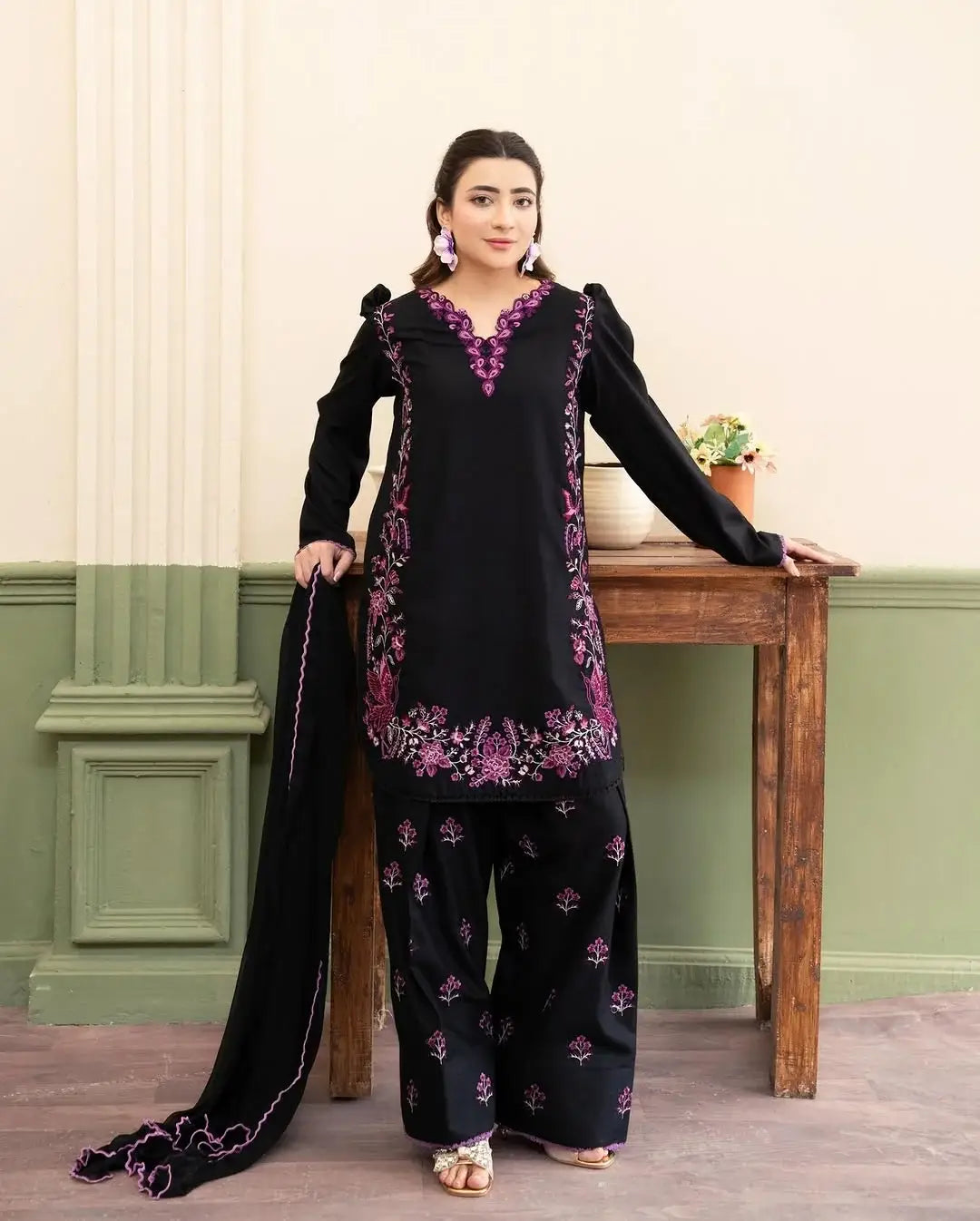 Stylish Black Cotton Embroidered Shirt And Trouser Set - 2 Pcs - image 2