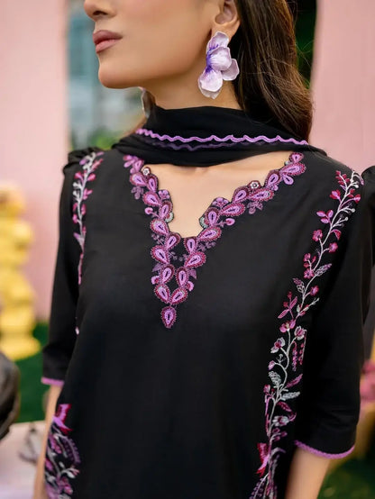 Stylish Black Cotton Embroidered Shirt And Trouser Set - 2 Pcs - image 3