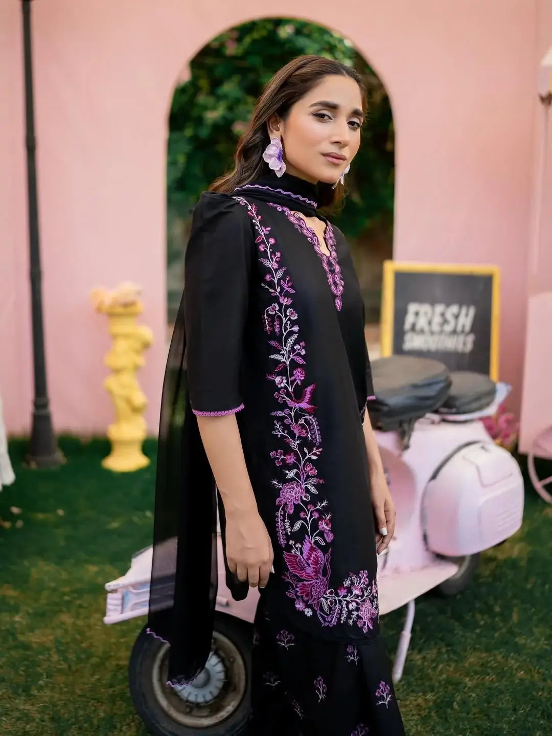 Stylish Black Cotton Embroidered Shirt And Trouser Set - 2 Pcs - image 4