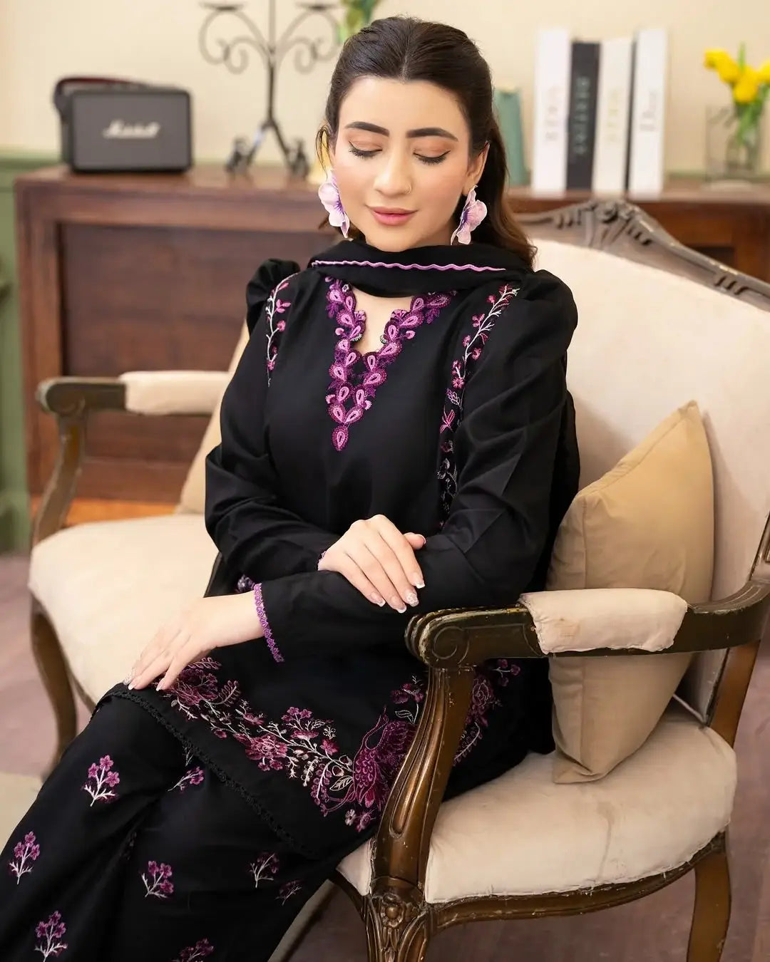 Stylish Black Cotton Embroidered Shirt And Trouser Set - 2 Pcs - image 5