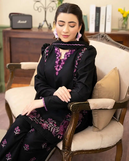 Stylish Black Cotton Embroidered Shirt And Trouser Set - 2 Pcs - image 5
