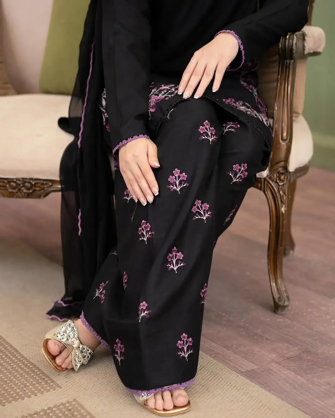 Stylish Black Cotton Embroidered Shirt And Trouser Set - 2 Pcs - image 6