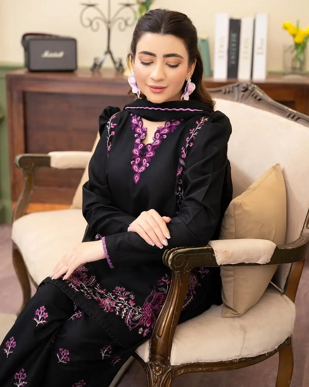 Stylish Black Cotton Embroidered Shirt And Trouser Set - 2 Pcs - image 7