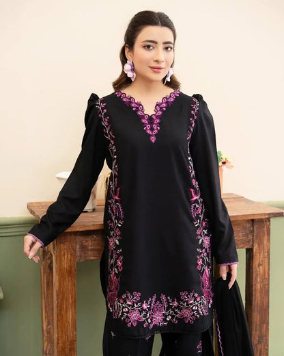 Stylish Black Cotton Embroidered Shirt And Trouser Set - 2 Pcs - image 8