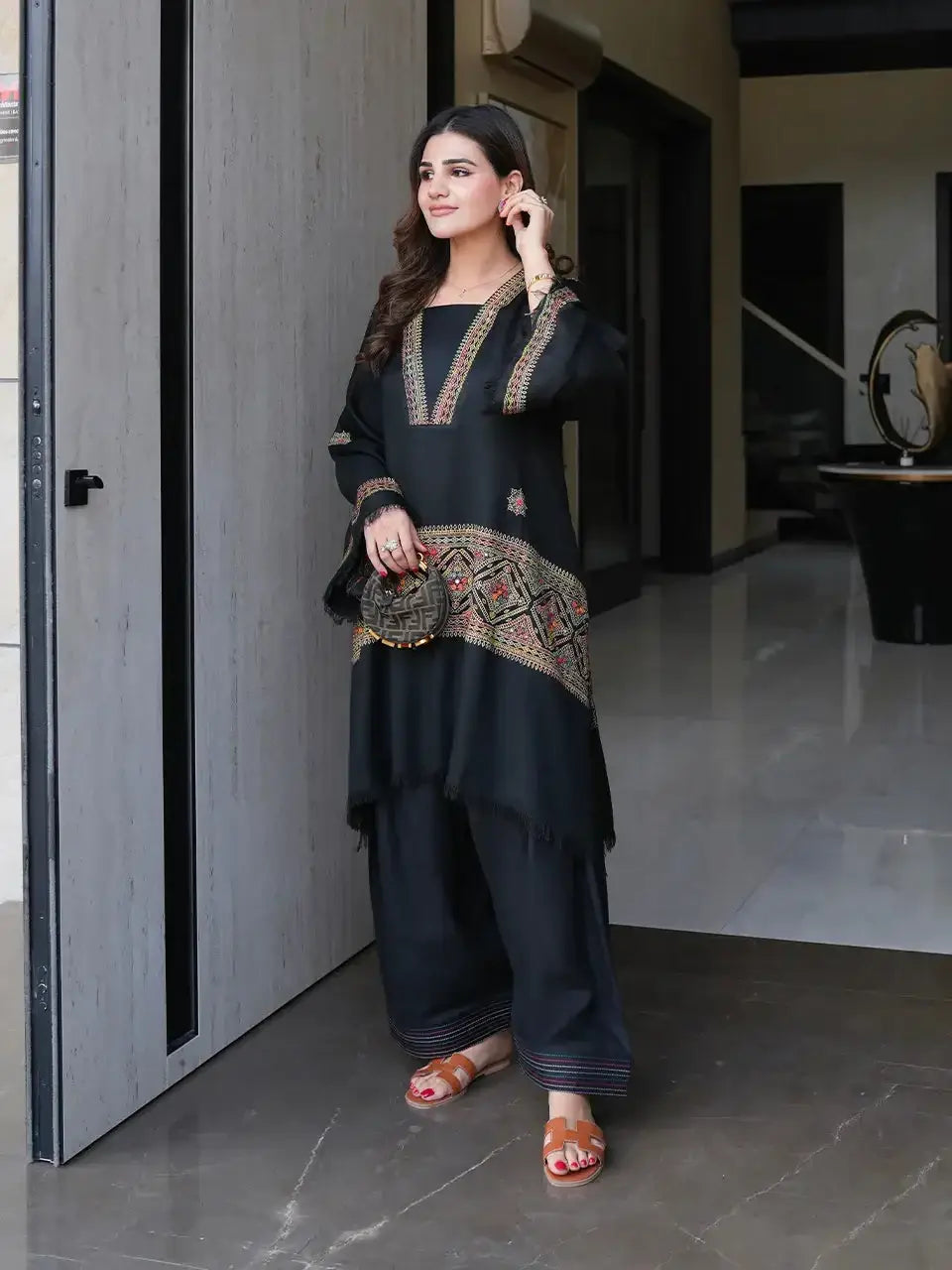 Chic Black Embroidered Shirt and Trouser Set - 2 Pcs - image 3