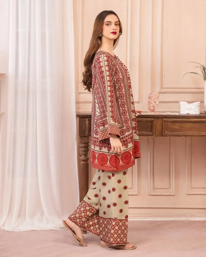 Stylish Printed Shirt and Trouser Set - 2 Pcs - Polly Lawn Beige - image 1