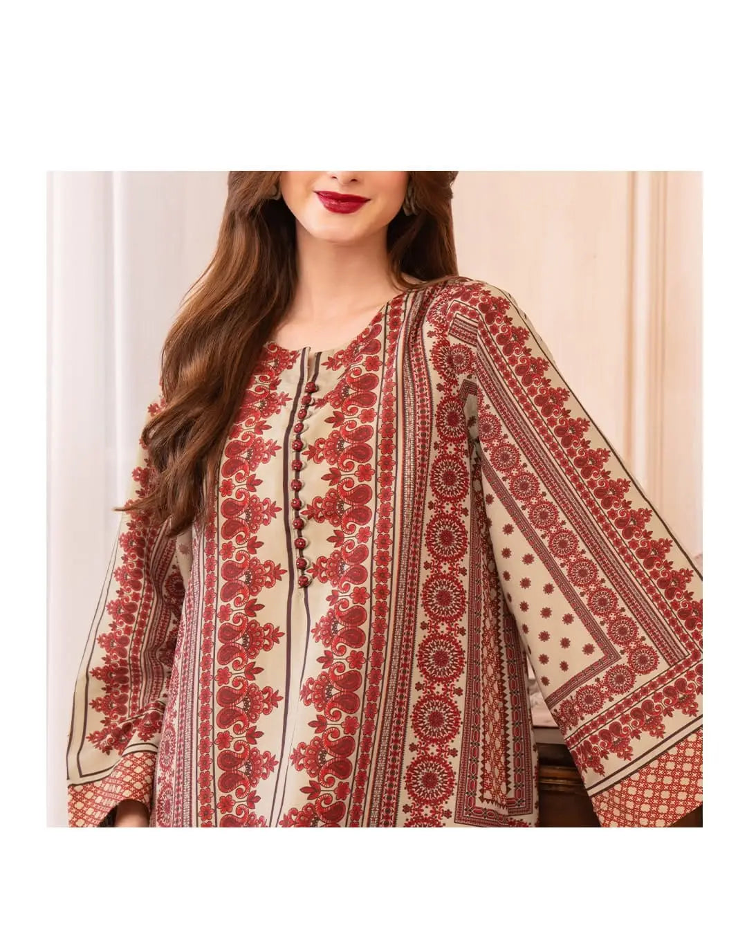 Stylish Printed Shirt and Trouser Set - 2 Pcs - Polly Lawn Beige - image 2
