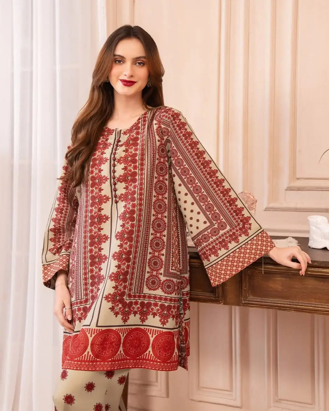 Stylish Printed Shirt and Trouser Set - 2 Pcs - Polly Lawn Beige - image 3